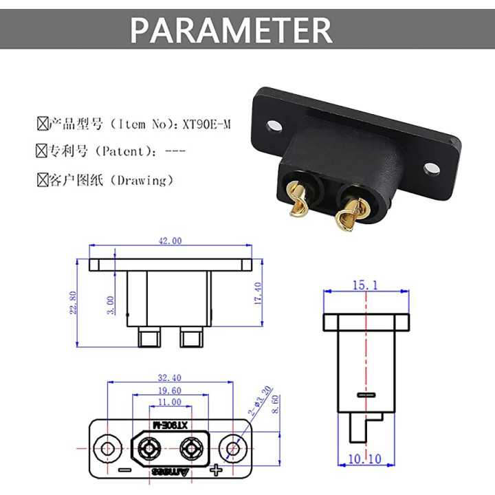 Soclu alimentare DC XT90 tata pe panou 2 pini lipire 30A 500V negru AMASS XT90E-M
