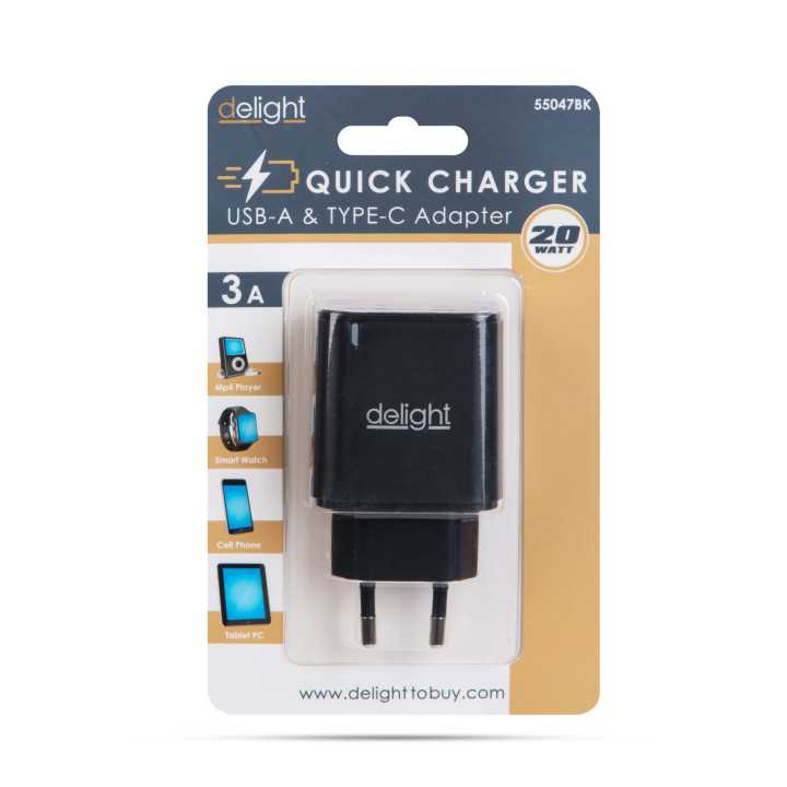 Adaptor de retea USB QC3.0 + USB Type C PD 20W cu incarcare rapida negru Delight 55047BK