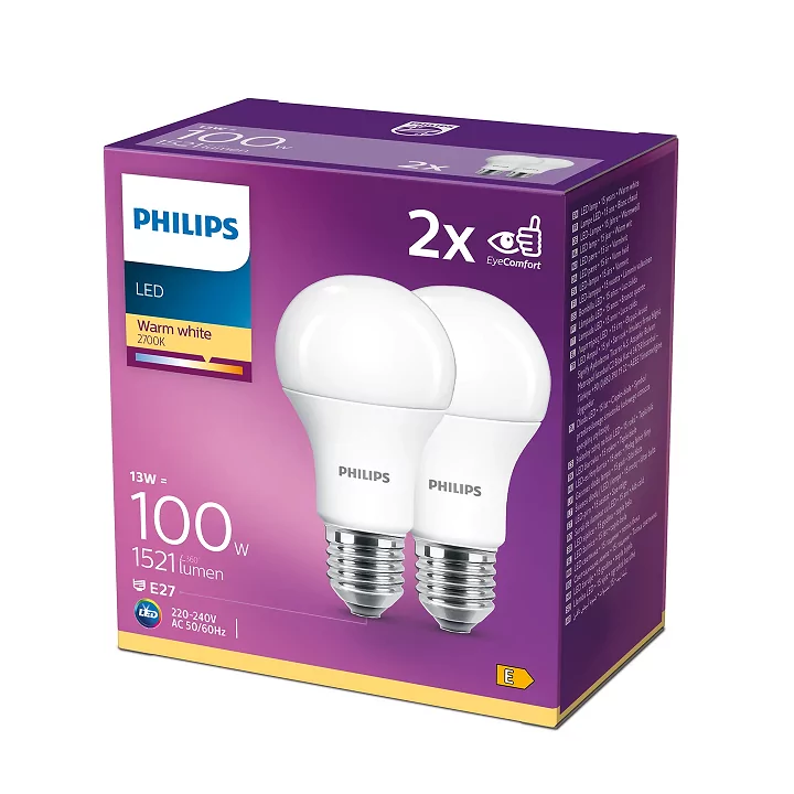 Set 2x Bec LED Philips E27 A60 13W (100W) 1521lm 2700K lumina calda 929001234531 2buc
