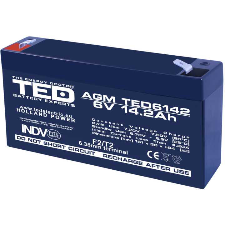 Acumulator AGM VRLA plumb acid 6V 14.2A 151x50xh95mm F2 TED Battery Expert Holland TED003034 5949258003034