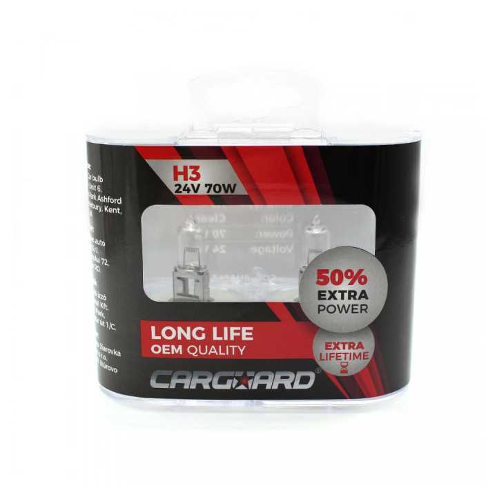 Set 2 becuri Halogen 24V H3 70W +50% Intensitate LONG LIFE CARGUARD