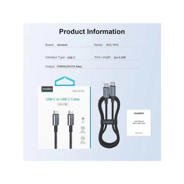 Cablu USB type C - USB type C PD 60W 3A 2m negru textil Choetech XCC-1015-BK
