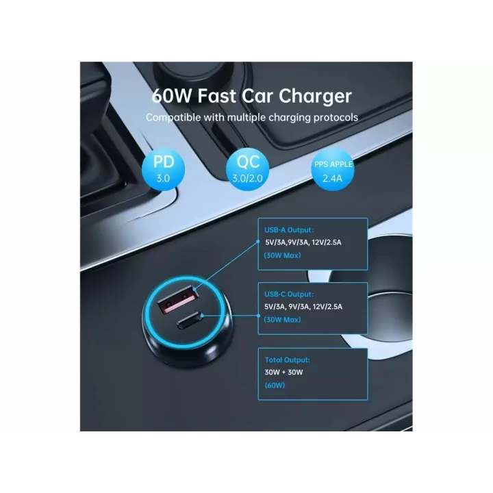 Incarcator auto Choetech TC0014 1x USB type C 1x USB A PD 60W TC0014-BK