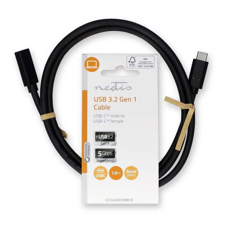 Cablu prelungitor USB3.2 Gen 1 type C tata - USB type C mama 1m 4K60Hz 60W negru NedisCCGL64010BK10