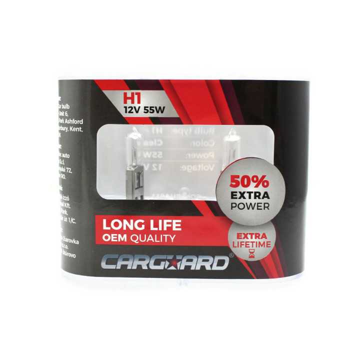 Set de 2 becuri Halogen H1 55W, +50% Intensitate LONG LIFE intensitate 12V Carguard