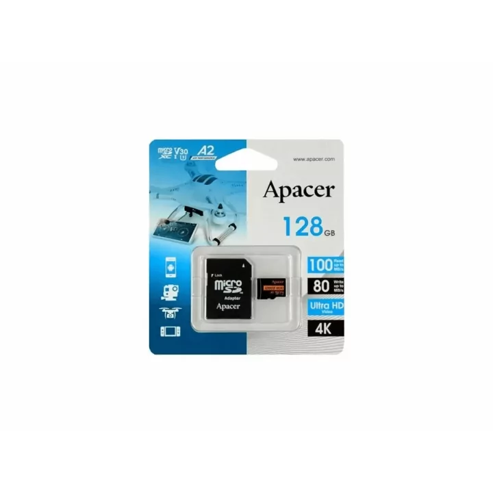 Card microSDXC UHS-I U3 V30 A2 Apacer 128GB R100 cu adaptor SD AP128GMCSX10U8-R