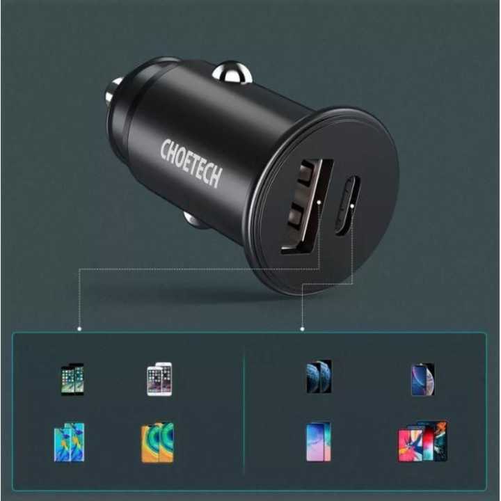 Incarcator auto Choetech TC0006-V2 1x USB type C + 1x USB-A 30W QC 3.0 Power Delivery negru