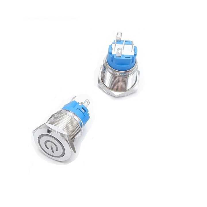 Intrerupator buton SW 4 OFF-(ON) fara retinere metal 22mm 12-24V LED albastru