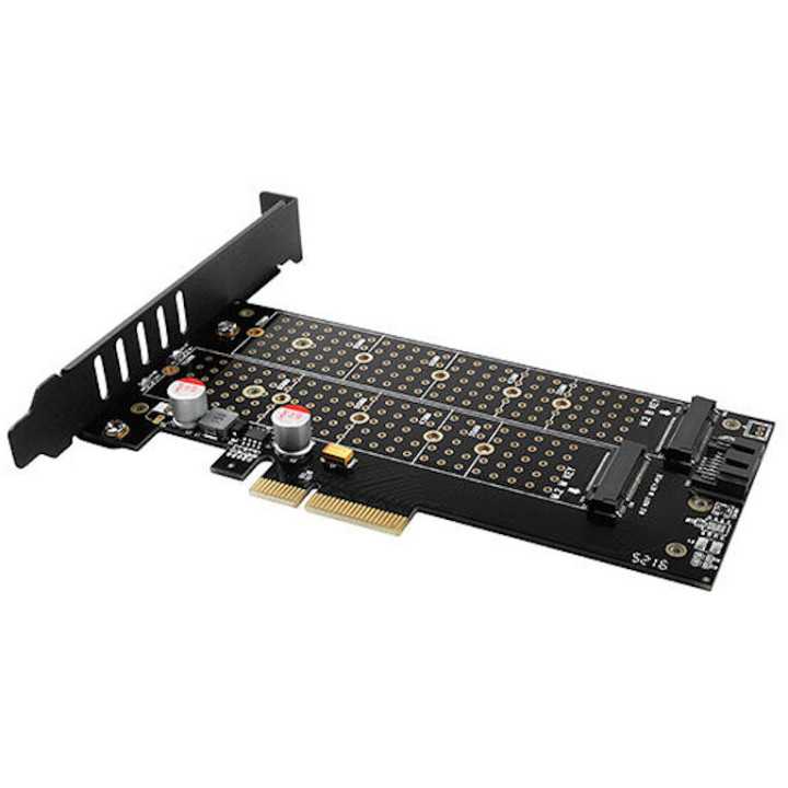 Adaptor Intern PCI-E 3.0 4x - DUAL M.2 SSD (NVMe + SATA) Voltaj Dual Suport SSD max. 110mm + Cooler Activ Axagon PCEM2-DC