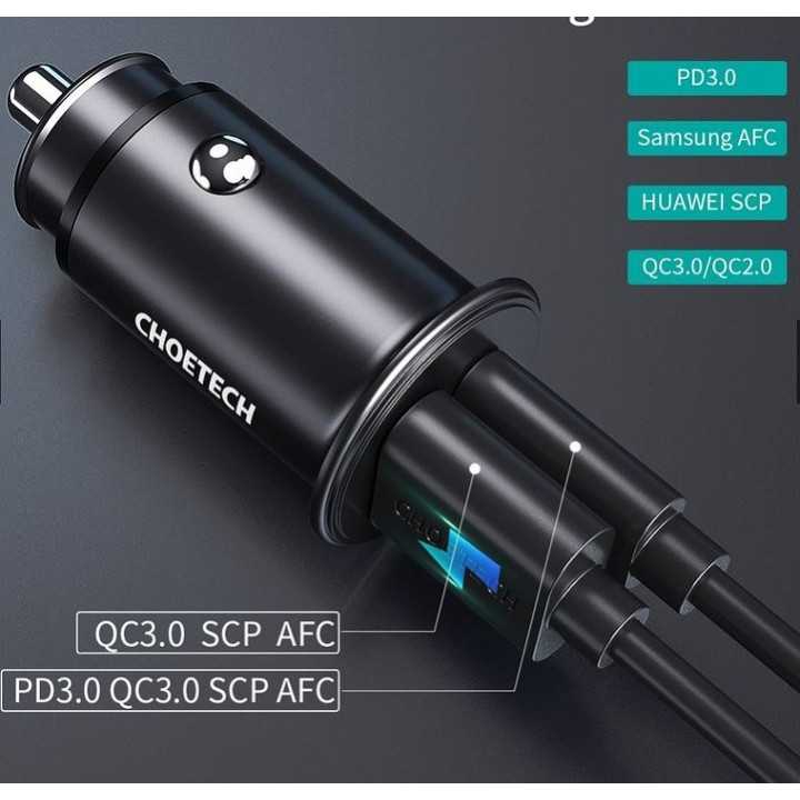 Incarcator auto Choetech TC0006-V2 1x USB type C + 1x USB-A 30W QC 3.0 Power Delivery negru