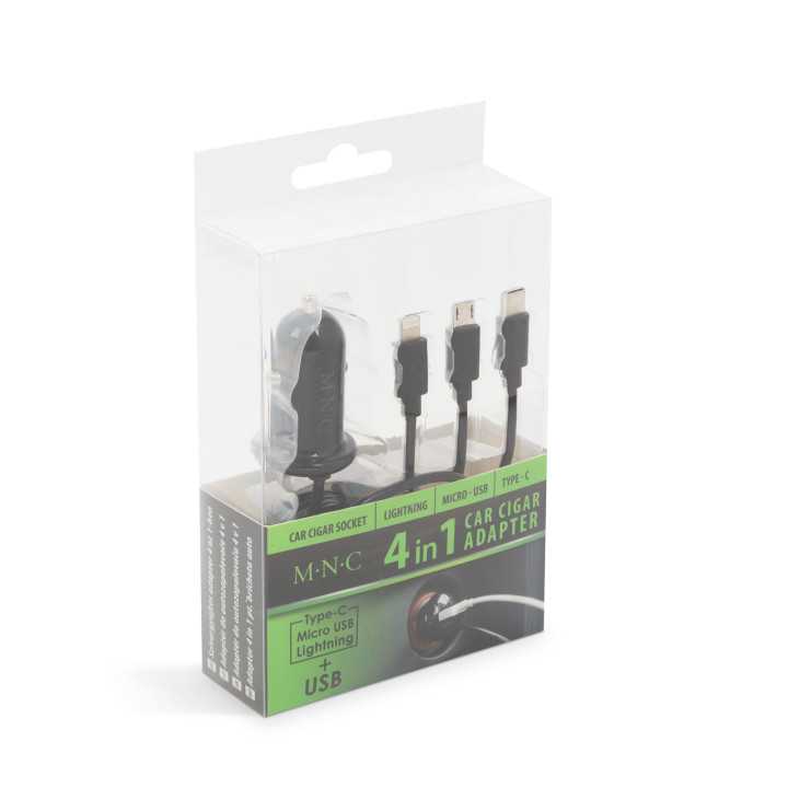 Adaptor 3in1 pentru bricheta auto 12-24V - USB + cablu Lightning Micro USB sau USB Type-C 3.1A negru M`N`C 54920BK