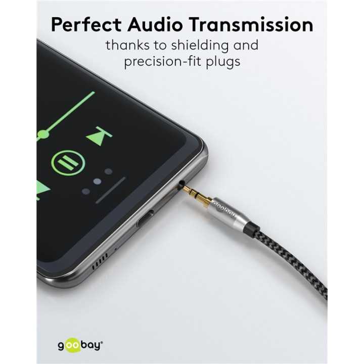 Cablu audio stereo AUX Jack 3.5 mm tata-tata 2m premium extrem de flexibil textil negru Goobay Plus 65274