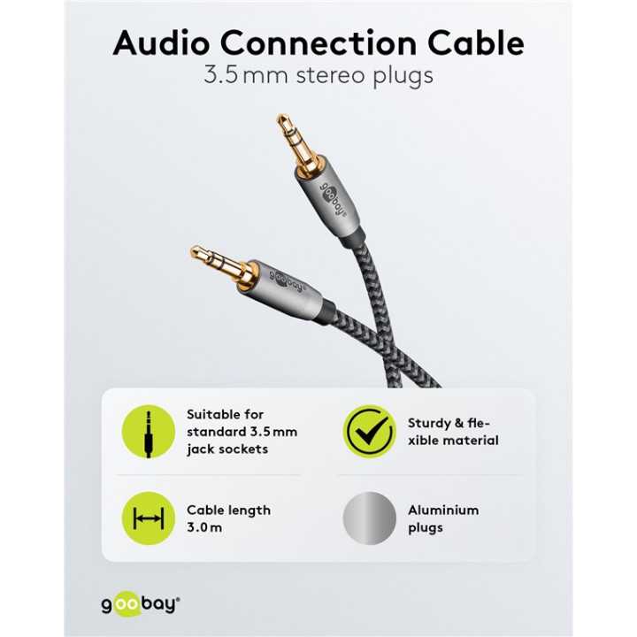 Cablu audio stereo AUX Jack 3.5 mm tata-tata 3m premium extrem de flexibil textil negru Goobay Plus 65275