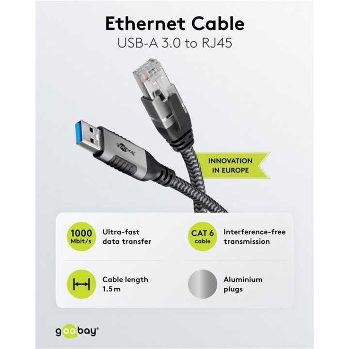 Cablu LAN Ethernet USB-A 3.0 la RJ45 1.5m CAT6 Gbit/s negru Goobay 70497