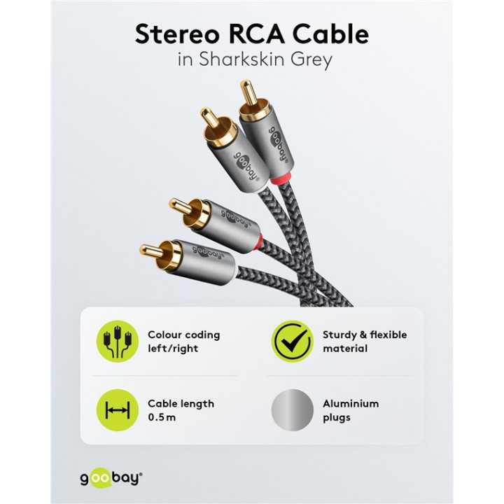 Cablu stereo 2x RCA tata-tata 0.5m premium extrem de flexibil textil negru Goobay Plus 65291