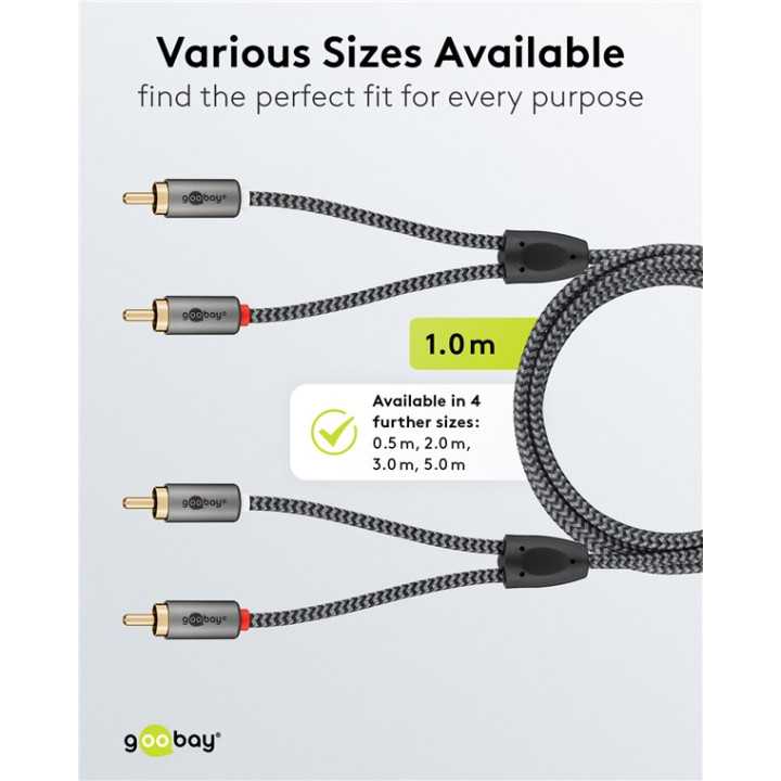 Cablu stereo 2x RCA tata-tata 1m premium extrem de flexibil textil negru Goobay Plus 65292
