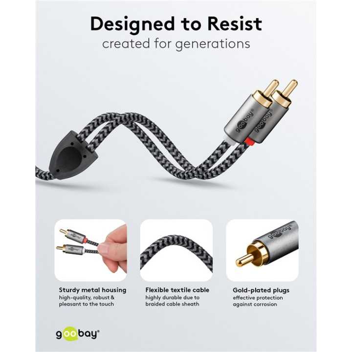Cablu stereo 2x RCA tata-tata 2m premium extrem de flexibil textil negru Goobay Plus 65293
