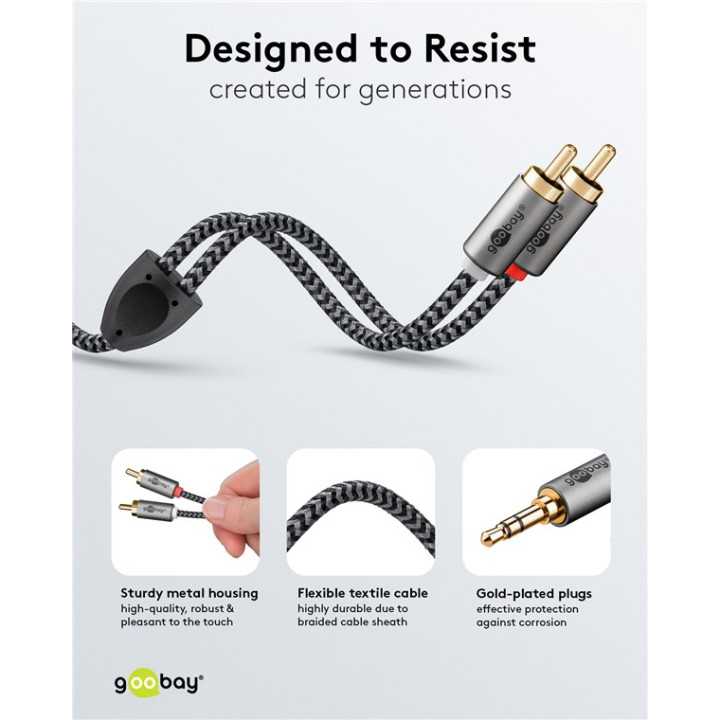 Cablu stereo premium extrem de flexibil textil 1m Jack 3.5 mm tata - 2x RCA tata negru Goobay Plus 65285