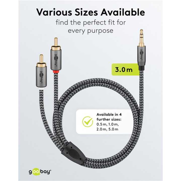 Cablu stereo premium extrem de flexibil textil 3m Jack 3.5 mm tata - 2x RCA tata negru Goobay Plus 65289