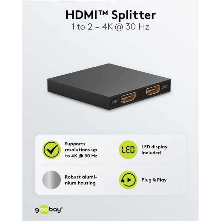 Splitter HDMI V1.4 1 intrare la 2 iesiri 4K30Hz 1080p60Hz Goobay 58480