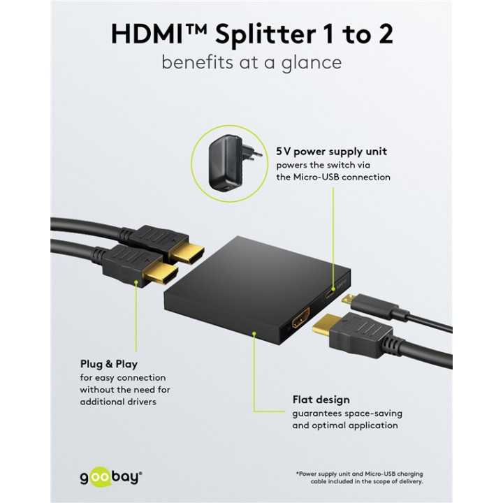 Splitter HDMI V1.4 1 intrare la 2 iesiri 4K30Hz 1080p60Hz Goobay 58480