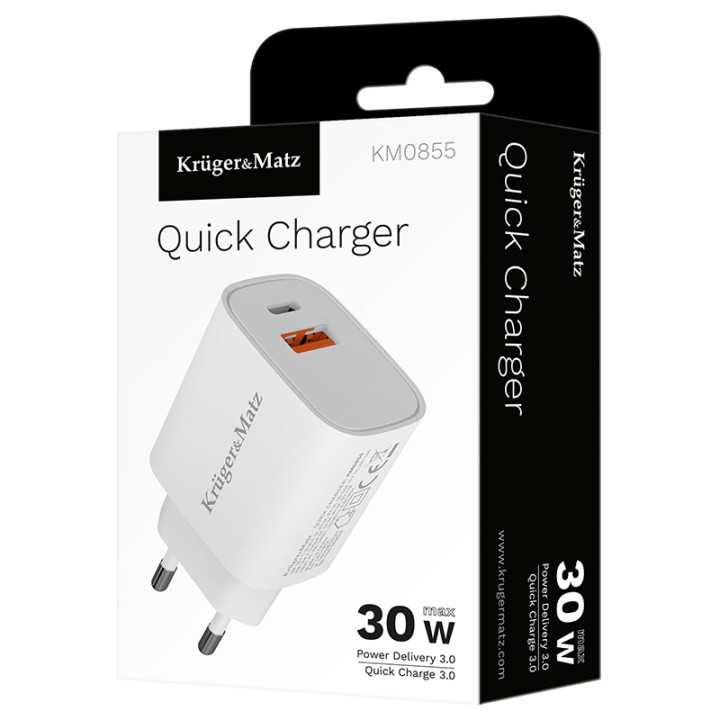 Incarcator rapid de retea USB tip A si USB type C 30W PD 3.0 + QC 3.0 Kruger&Matz KM0855