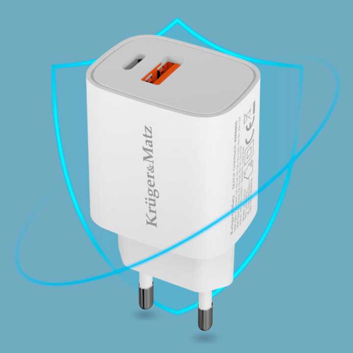 Incarcator rapid de retea USB tip A si USB type C 30W PD 3.0 + QC 3.0 Kruger&Matz KM0855