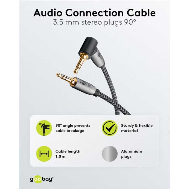 Cablu audio stereo 1m textil impletit Jack 3.5 mm - 3.5 mm 90 grade tata-tata aurit Goobay 65278