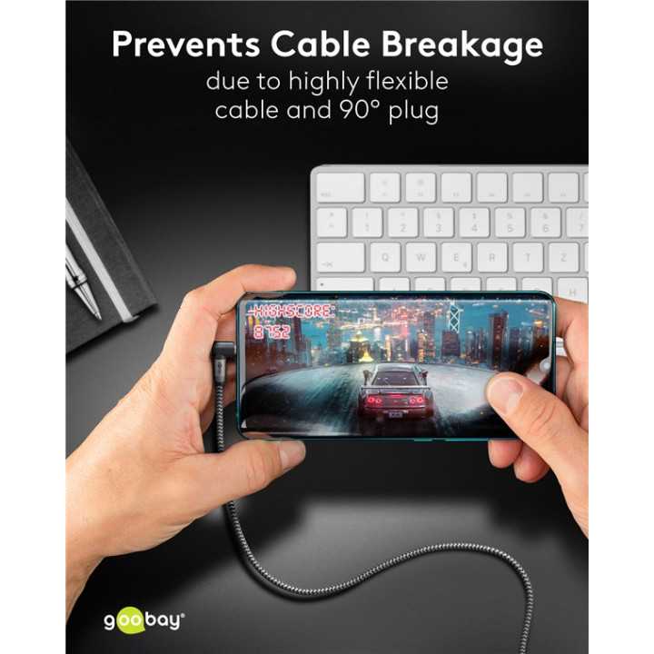 Cablu audio stereo 1m textil impletit Jack 3.5 mm - 3.5 mm 90 grade tata-tata aurit Goobay 65278