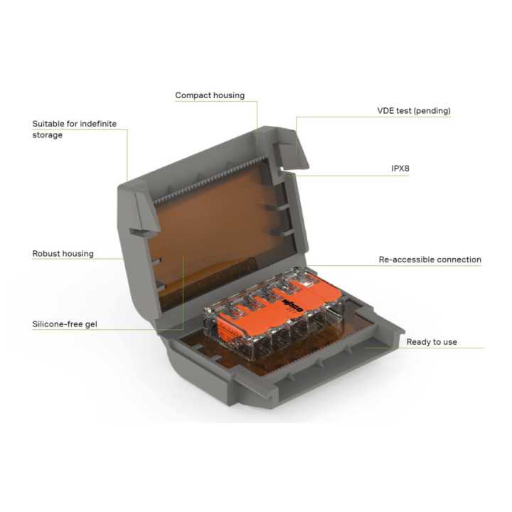 WAGO GELBOX 3 poli derivatie cabluri pentru conectori seriile 221/ 2273 max. 4mm2 IPX8 gri 207-1331