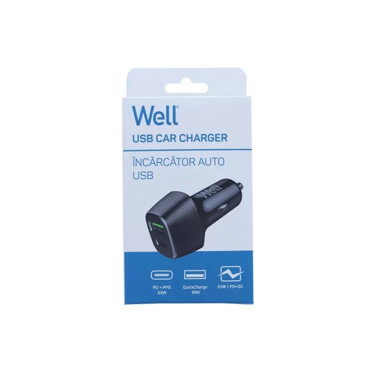 Incarcator auto Well 51W 1x USB type C PD 33W PPS + 1x USB-A QC 18W negru PSUP-USB-CPQ5101BK-WL