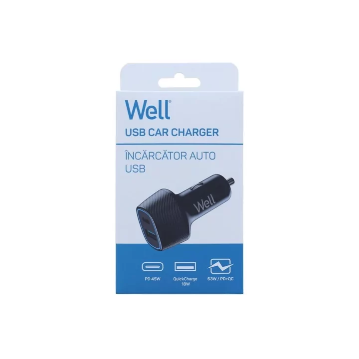 Incarcator auto Well 63W 1XUSB TYPE C PD 45W + USB-A QC 18W negru PSUP-USB-CPQ6301BK-WL