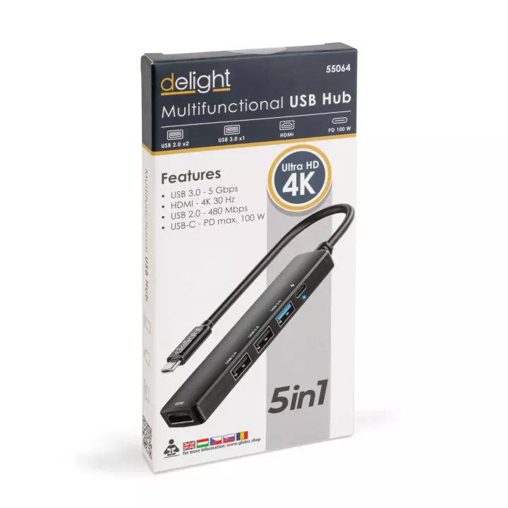 Hub USB multifunctional Delight HDMI + USB Type-C 3.0 + 3x USB-A /1x USB Type-C 5Gbps 100W negru 55064