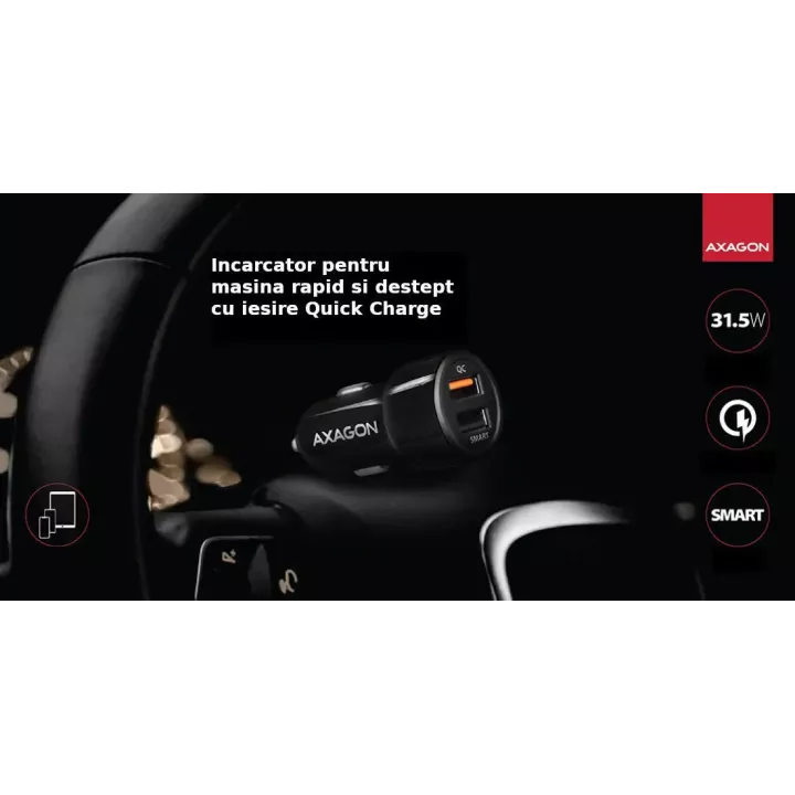 Incarcator auto Smart 5V 2.4A + QC3.0 30W negru Axagon PWC-QC5