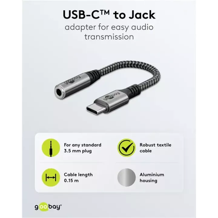 Cablu adaptor USB-C la mufa Jack 3.5 mm mama 15cm textil Goobay 74056