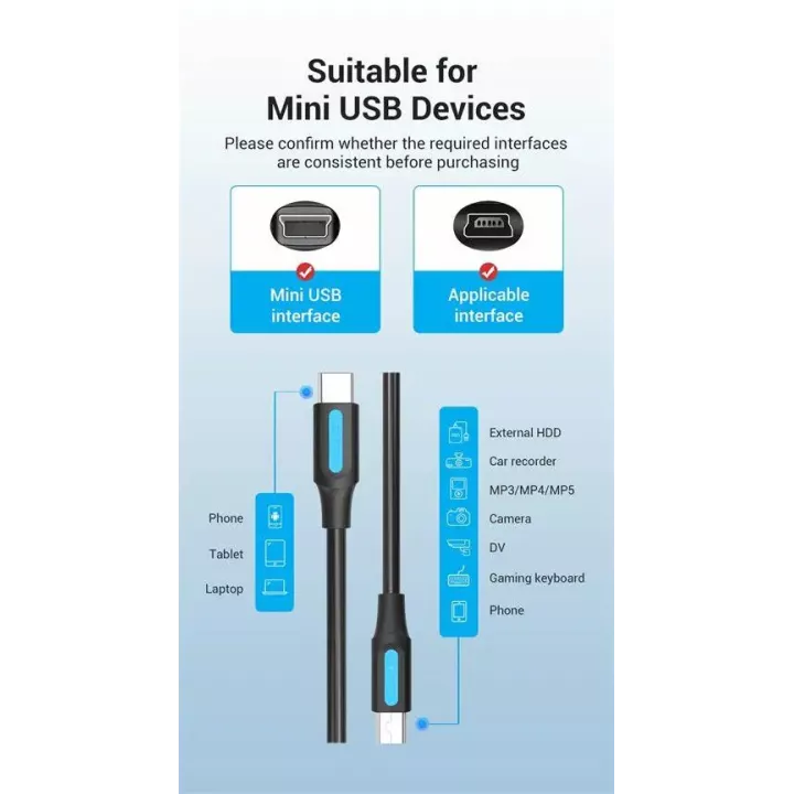 Cablu USB2.0 mini 5pin mufa tata - USB C mufa tata nichelat 2m negru dublu ecranat 2A VENTION COWBH