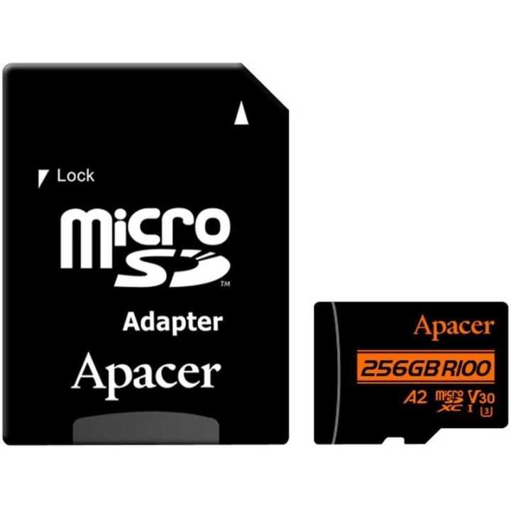 Card microSDXC UHS-I U3 V30 A2 Apacer 256GB R100 cu adaptor SD AP256GMCSX10U8-R