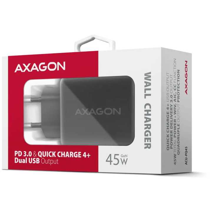 Incarcator retea AXAGON ACU-PQ45 1x QC4 USB-A 20W + 1x USB-C 45W PD3.0 QC4 Negru