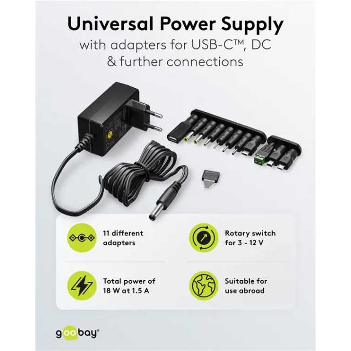 Alimentator Universal 3-12V 18W 1.5A /11 adaptoare /USB-C /USB-A /Micro-USB /Mini-USB /Terminale cu Surub 64569 Goobay