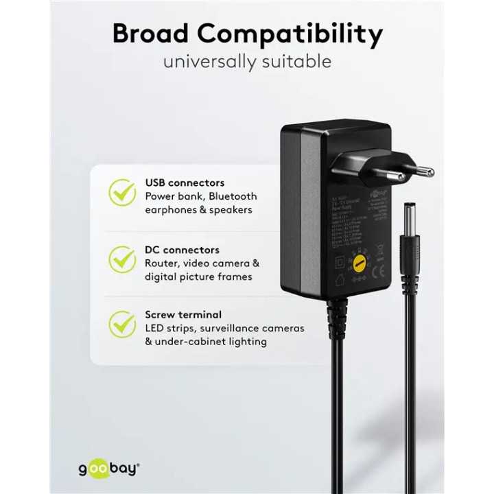 Alimentator Universal 3-12V 18W 1.5A /11 adaptoare /USB-C /USB-A /Micro-USB /Mini-USB /Terminale cu Surub 64569 Goobay