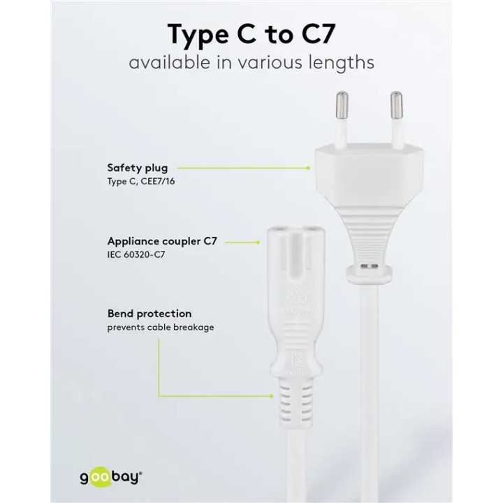 Cablu de alimentare cu 2-pin Euro 5m alb 2x0.75 mm2 cu priza C7 pentru aparate electronice 93988 Goobay