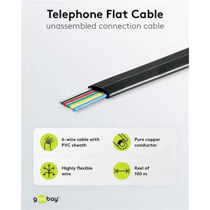 Cablu telefonic plat 6 fire negru AWG 30 Cupru Vanzare la metru liniar 50254 Goobay