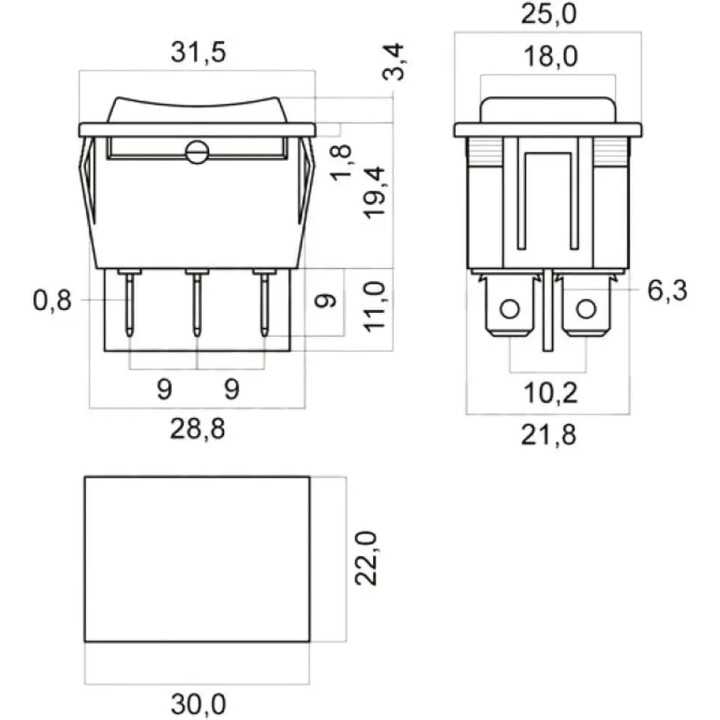 Buton comutator 12V 35A (MOM)-OFF-(MOM) fara retinere 28x22mm negru GBC 24.5550.00