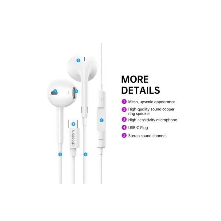 Casti In-Ear cu fir Choetech OC-A012-WH USB-C microfon reglare volum alb EARPHONE-OCA012-CHO