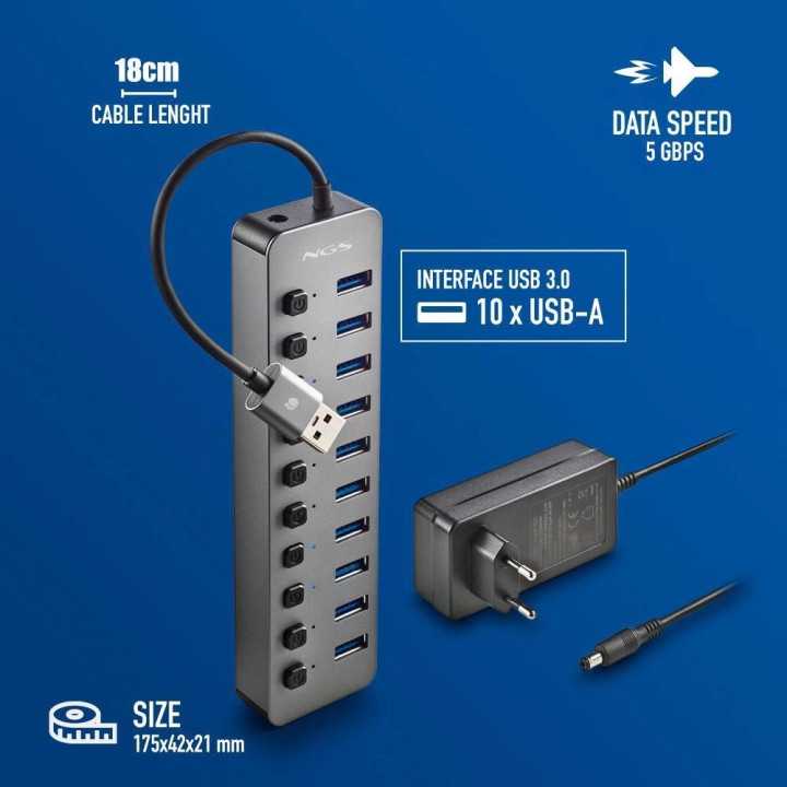 HUB USB 3.0 NGS iHub10 cu 10 porturi si alimentator inclus