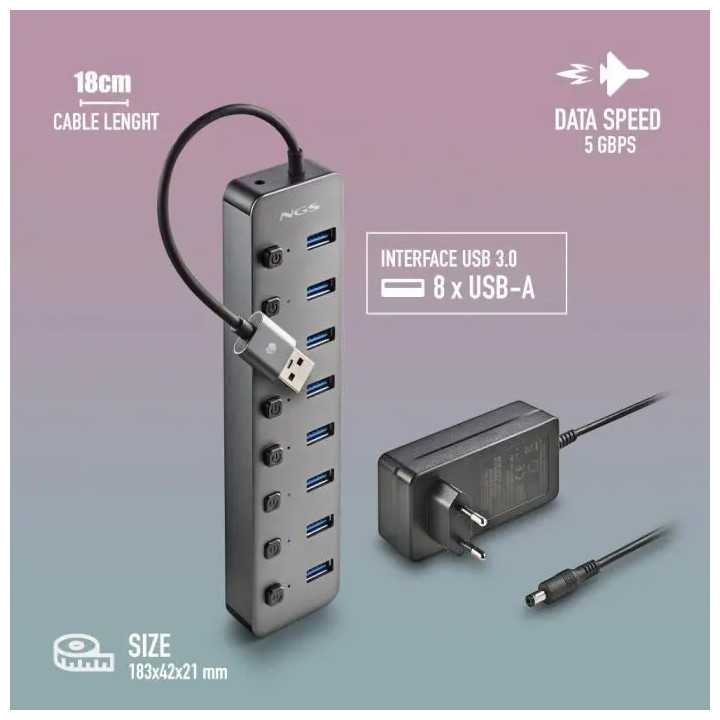HUB USB 3.0 NGS iHub8 cu 8 porturi si alimentator HUB-IHUB8-NGS
