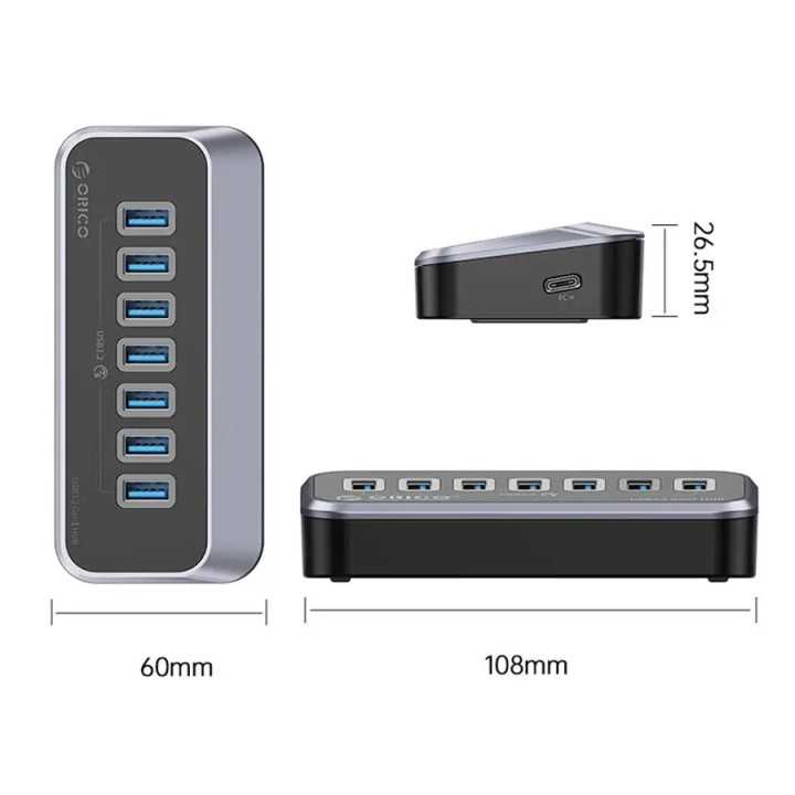 HUB USB Orico M3U3-7A-10-BK cu 7 port-uri USB3.2 gri 1m