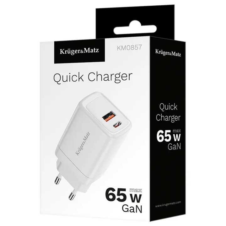Incarcator retea GaN Kruger&Matz KM0857 65W cu USB-C Power Delivery si USB-A Quick Charge