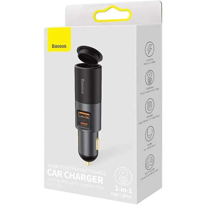 Incarcator auto Baseus Share Together CCBT-C0G 1x USB-A Output 5V/3A + 1x USB Type-C max 5V/3A + 1x bricheta auto 60W total 120W