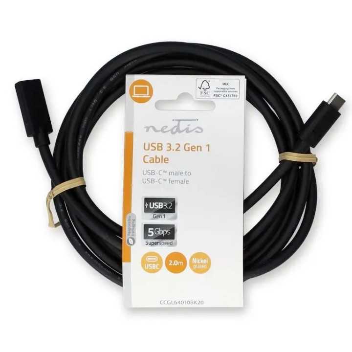 Cablu prelungitor USB-C tata v3.2 - USB-C mama v3.2 2m 4K /60Hz 60W negru Nedis CCGL64010BK20